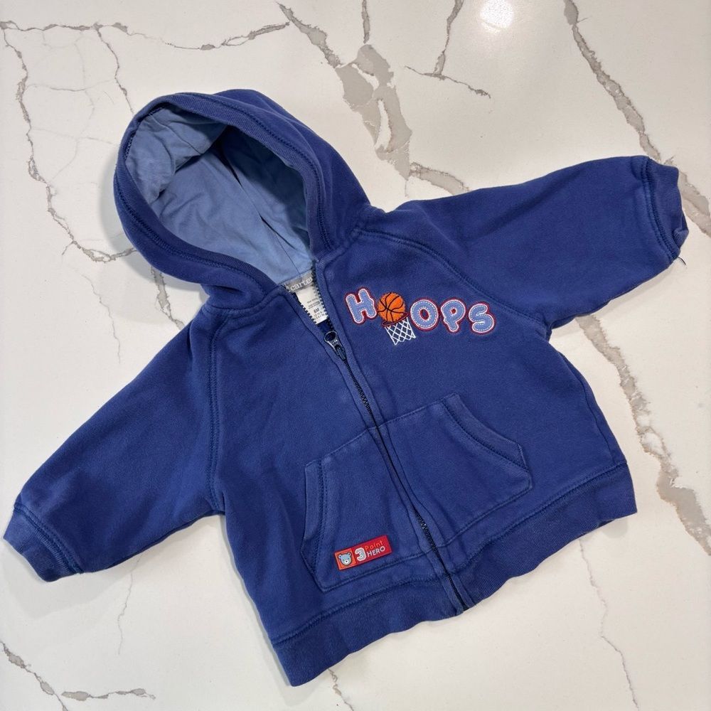 Carter's Infant Baby Blue Hoops Full Zip Hoodie Pockets Size 6M Embroidered